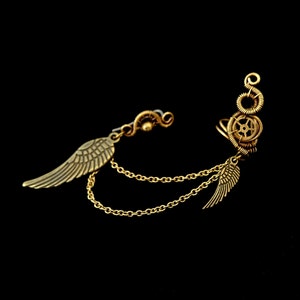 Steampunk Ear Cuff With Pierced Wing Earrings And Chain - Designer Wire Wrapped Jewelry