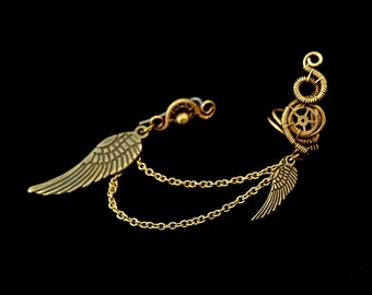 Steampunk Ear Cuff With Pierced Wing Earrings And Chain - Designer Wire Wrapped Jewelry