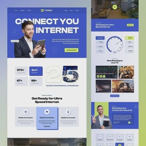 May include: A website design with a blue and white color scheme. The header reads "CONNECT YOU INTERNET" with a man holding a tablet. The site promotes ultra-speed internet, featuring statistics and a section for live TV.