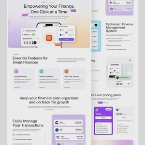 Pode incluir: Design de site web para um serviço financeiro, com uma interface de telemóvel com dados financeiros. O site utiliza um esquema de cores roxo e branco e inclui secções sobre orçamentos, despesas e acompanhamento em tempo real. Texto: "Empowering Your Finance, One Click at a Time."