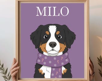 Op de afbeelding: Een ingelijste print met een cartoon Berner Sennenhond op een paarse achtergrond. De hond draagt een paarse sjaal met sneeuwvlokken en zuurstokken. De naam "MILO" staat in het wit bovenaan de print.