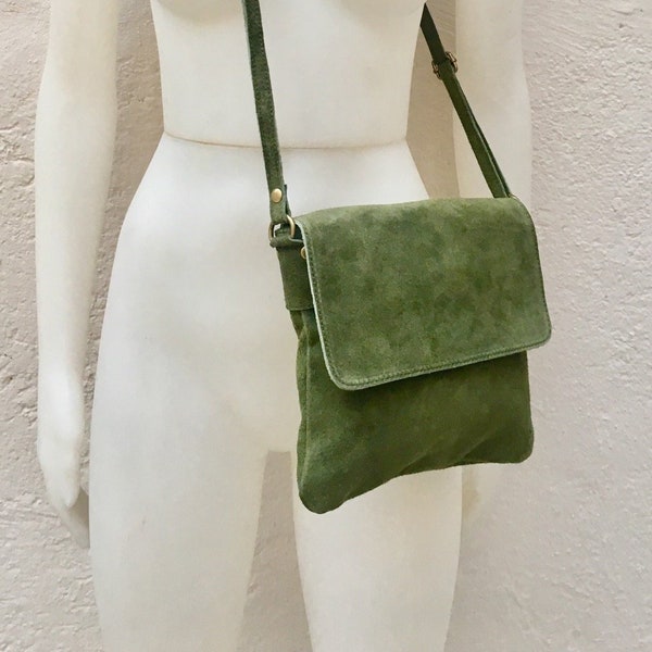 Cross body bag with flap. BOHO suede leather bag in MOSS GREEN. Soft genuine suede leather. Crossover, messenger bag in suede. Small bag