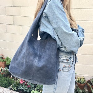 Slouch bag.Large TOTE leather bag in blue with ZIPPER. Soft suede genuine leather bag. Boho book, tablet or laptop  bag. Blue suede shopper