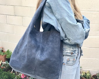 Bolso Slouch. Bolso TOTE grande de piel en color azul con CREMALLERA. Bolso de piel auténtica de ante suave. Bolso boho para libros, tabletas o portátiles. Shopper ante azul