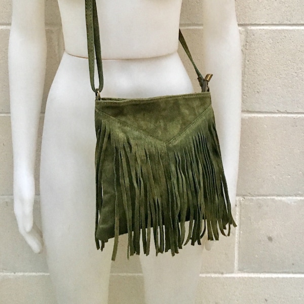 Cross body fringe bag. BOHO suede leather bag in GREEN with FRINGES. Messenger bag in soft  genuine suede leather. Crossbody green hippy bag