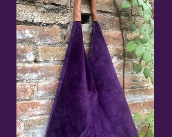 Slouch leather bag in PURPLE. Large shoulder leather bag. Boho bag. Laptop bags in suede. Origami suede leather bag. PURPLE suede purse.