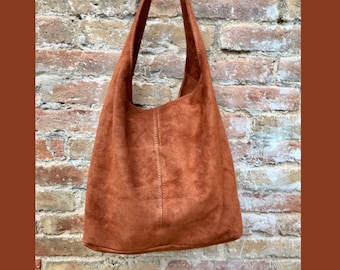 Slouch bag.TOTE leather bag in camel BROWN.Tobacco color genuine leather bag. Laptop bag in suede for tablets,books. Rusty brown suede purse