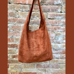 Slouch bag.TOTE leather bag in camel BROWN.Tobacco color genuine leather bag. Laptop bag in suede for tablets,books. Rusty brown suede purse