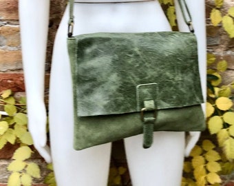 Dark moss green suede bag. Genuine leather purse.Green cossbody / messenger bag in soft natural leather for books, tablets.Green suede purse