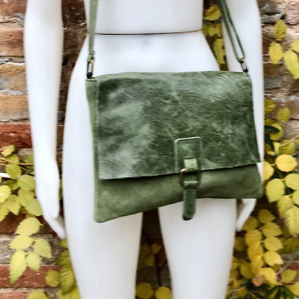 Dark moss green suede bag. Genuine leather purse.Green cossbody / messenger bag in soft natural leather for books, tablets.Green suede purse