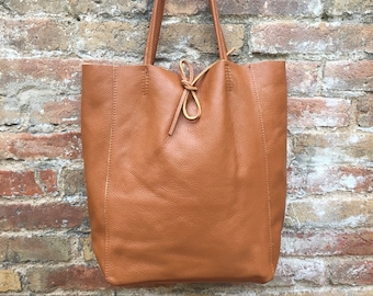 Tote leather bag in dark CAMEL brown. Leather shopper in saddle brown.Natural GENUINE  leather. Large TAN brown bag for your laptop, books