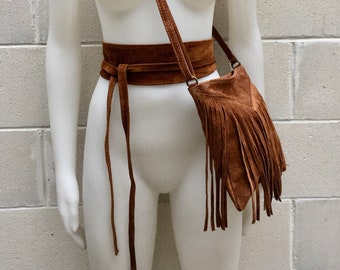 Cross body bag. BOHO suede leather bag in dark CAMEL with FRINGES and suede waistbelt.Hippy suede bag and belt set in tobacco brown