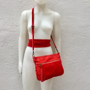 BOHO  suede leather cross over bag in RED  with matching belt. Soft natural leather bag and belt. Messenger bag in genuine suede leather