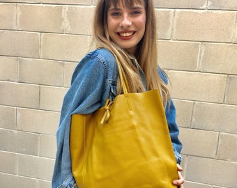 Tote leather bag in mustard YELLOW. Soft natural GENUINE  leather bag. Large yellow leather shopper. Laptop or book bag in mustard.