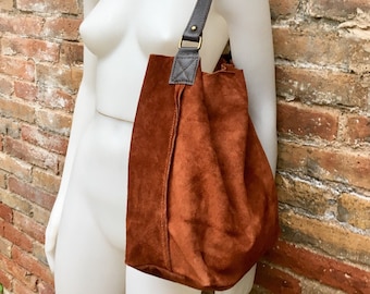 Slouch leather bag in rusty brown. Dark saddle brown hobo  bag. Boho bag.Book or tablet bags in suede. Dark camel brown soft leather shopper