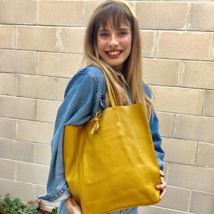 Tote leather bag in mustard YELLOW. Soft natural GENUINE  leather bag. Large yellow leather shopper. Laptop or book bag in mustard.