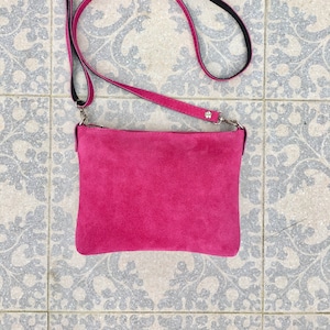 Suede leather bag in  hot pink. Cross body bag, shoulder bag in GENUINE  leather. Small fuchsia leather bag with adjustable strap and zipper