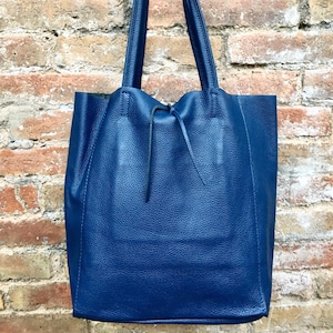 Tote leather bag in NAVY blue. Leather shopper in natural GENUINE leather. Large carry all bag for your laptop, books.BLUE leather shopper.