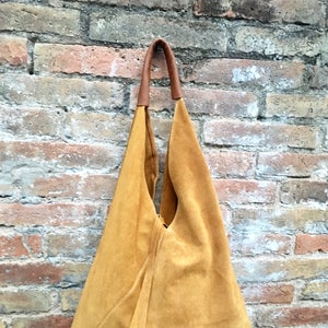Slouch leather bag in MUSTARD yellow. Large shoulder leather bag. Boho bag. Laptop bags in suede. Large origami bag. Yellow leather shopper
