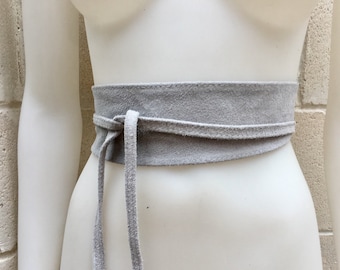 Gray suede OBI belt, SASH in natural soft  suede,waist belt,soft leather belt, GREY sash, obi, boho belt, bohemian sash, boho beige belt