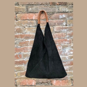 Slouch leather bag in BLACK suede . Large shoulder  bag in genuine leather. Suede origami bag with brown leather accent. Large shopper bag