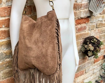 Brown crossbody / shoulder bag. Taupe brown boho suede leather bag with FRINGES. Genuine leather messenger with 2 straps. Brown suede purse