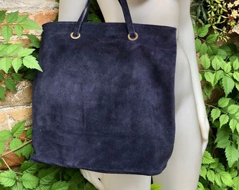 Large TOTE leather bag in navy blue. Soft natural genuine suede leather shopper bag. Dark blue book or laptop shoulder. Navy suede purse