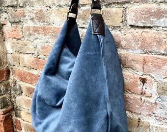 Slouch leather bag in DENIM blue. Hobo shoulder bag. Boho bag. Book or tablet bags in suede.Blue suede bag.