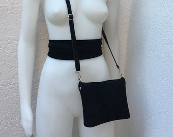 Small suede  bag in BLACK  with matching belt. Cross body bag and OBI belt set in suede leather. Adjustable strap and zipper