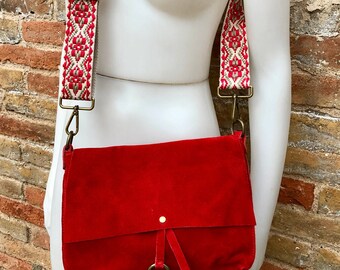 RED cross body bag with 2 different straps: guitar strap and red suede. BOHO soft genuine  suede leather purse.Small messenger bag with flap