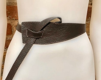 Vintage Brown Leather Wrap Belt Wide Tie Bow Waistband  display picture 3