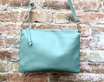 SAGE green leather bag. GENUINE leather cross body / shoulder bag. Light GREEN purse with adjustable strap + zipper. Soft leather messenger