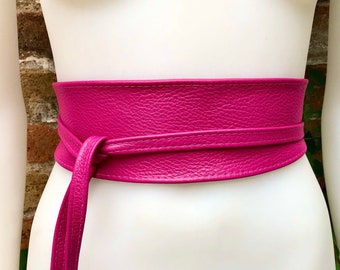 Obi belt in soft leather. Wrap belt in HOT PINK. Waist belt in PINK. Magenta wraparound belt. Shocking pink sash. Fuchsia boho dress belts.