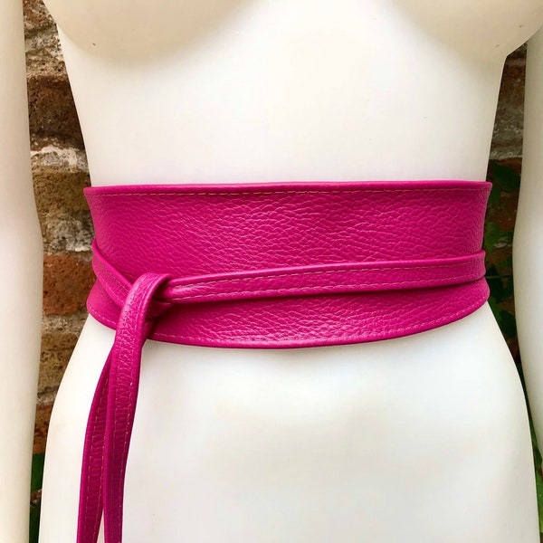 Obi belt in soft leather. Wrap belt in HOT PINK. Waist belt in PINK. Magenta wraparound belt. Shocking pink sash. Fuchsia boho dress belts.