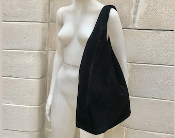 Slouch bag.Large tote leather bag in BLACK with ZIPPER.  Soft natural suede genuine leather. Boho bag in  BLACK suede.