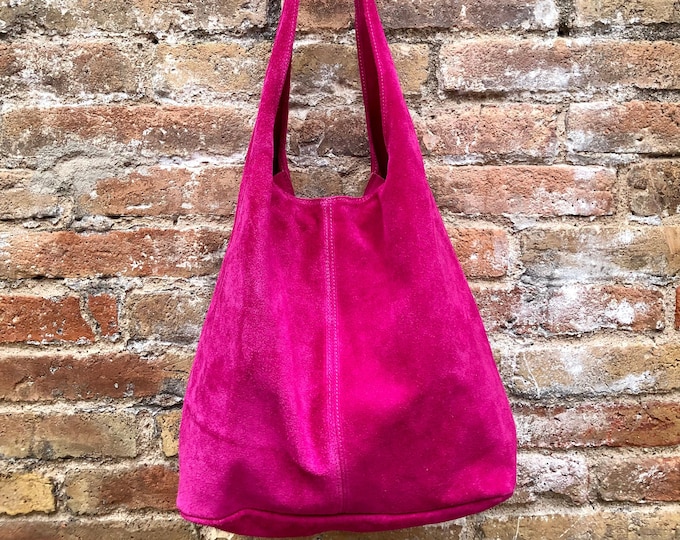 Large TOTE Leather Bag in Hot Pink. Magenta Slouch Bag in Soft Suede, Genuine Leather Bag
