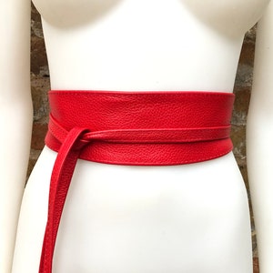 Obi belt in soft leather. Wrap belt in RED. Waist belt in Bright red.  Dress , wraparound belt or  sash. Boho leather belt.