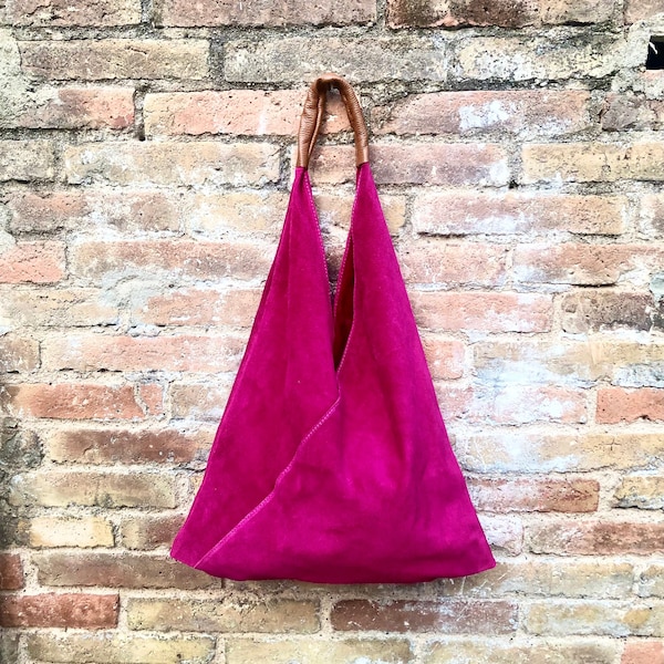 Slouch leather bag in FUCHSIA PINK . Large shoulder leather bag. Origami boho bag. Large magenta suede leather bag. Hot PINK suede bag.