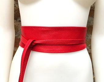 Obi belt in soft leather. Wrap belt in RED. Waist belt in Bright red.  Dress , wraparound belt or  sash. Boho leather belt.