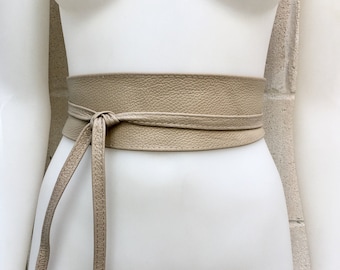 Obi belt in soft leather. Wrap belt in BEIGE. Wide waist belt in genuine leather.Wraparound belt. boho belt in beige. Leather sash