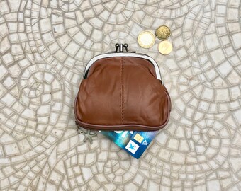 Vintage style leather kiss lock purse for coins BROWN clip purse in genuine leather bills and separate zipper for credit cards,