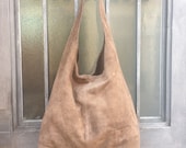 Slouch bag.Large TOTE leather bag in dark BEIGE. Soft natural suede leather bag. Bohemian bag. Light BROWN suede bag.