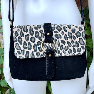 Cheetah print + black suede bag. Genuine leather animal print crossbody bag. Small  panther and black suede purse. Small black leopard bag.