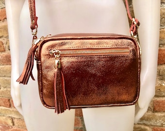 Small leather bag in copper. GENUINE leather shoulder or cross body bag. Metallic shine copper purse, adjustable strap and zipper