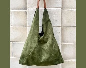 green suede tote