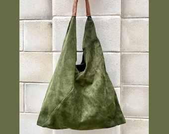 Slouch leather bag in moss GREEN . Large shoulder leather bag. Boho bag. Laptop bags in suede. Large suede leather bag. GREEN suede bag.