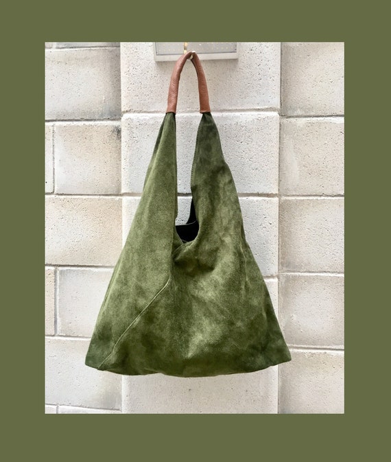 Suede Shoulder Bag Green Leather Shopper Bag Slouch Bag 