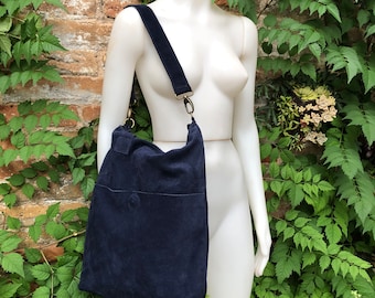 Marineblauwe leren draagtas. Grote leren shopper, hand-/schouderbanden. Donkerblauwe suède tas, laptoptas. Handtas/suède schoudertas