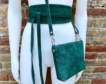 Small suede bag in teal GREEN with matching belt. Cross body bag + wrap belt set in soft genuine suede leather. Adjustable strap + zipper