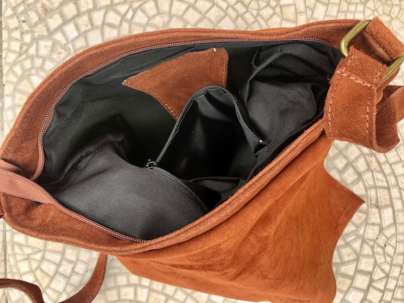 BOHO Suede Bag in Dark Camel BROWN. Soft Genuine Leather Bag